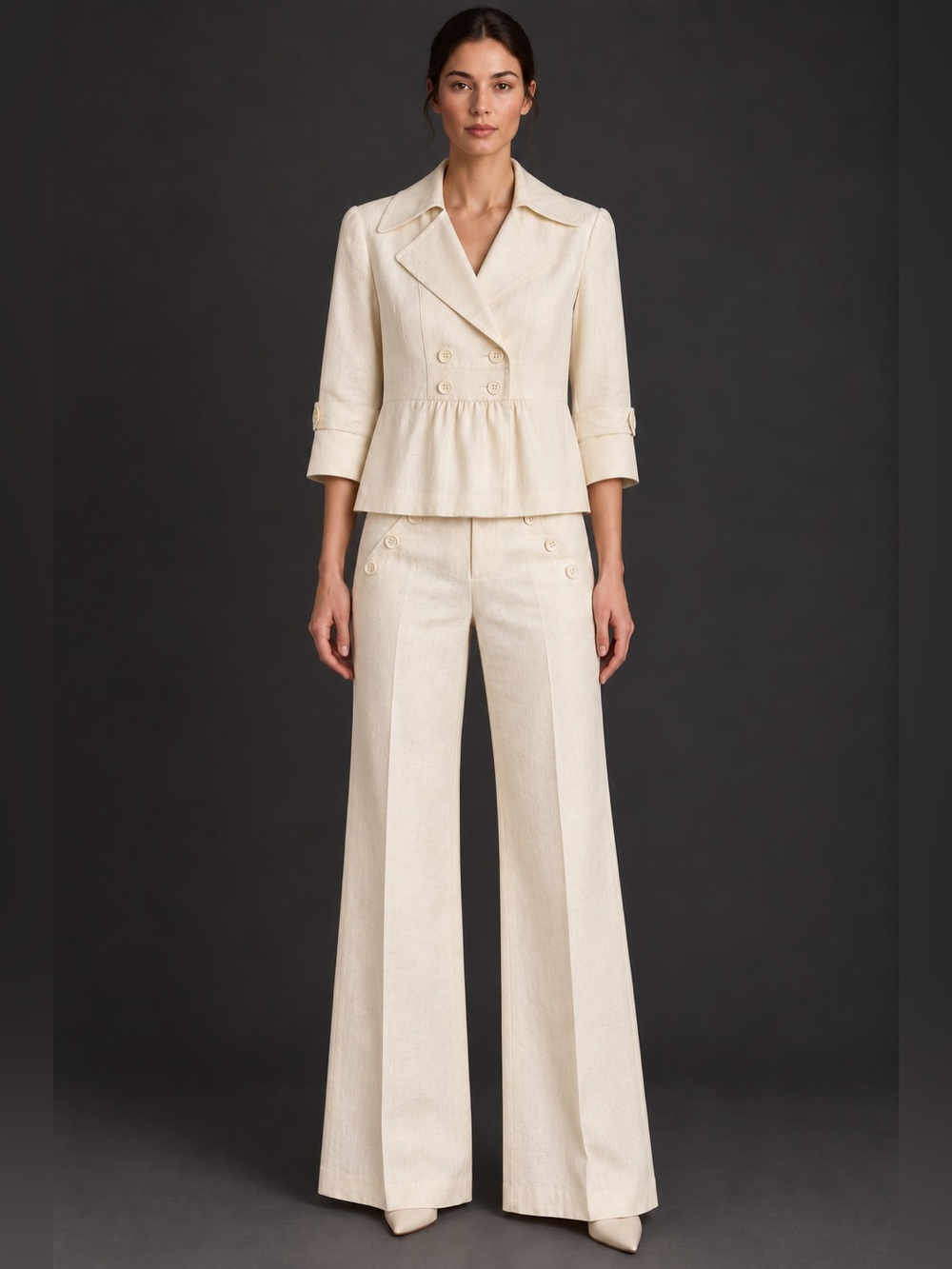 Nine West Double-Breasted Cream linen Peplum Jacket & Wide-Leg Pants Set